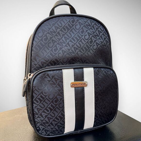 NWT Nautica Jacquard Logo Sport Striped Black & White Backpack Size Medium - Picture 11 of 17